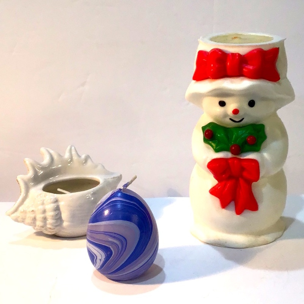 3 fancy candles:  Avon Mrs Snowlight, a ceramic shell & swirled egg NIB